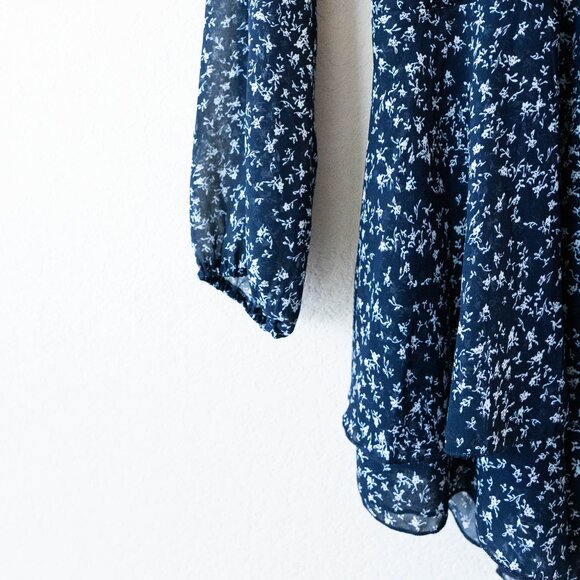 Relipop Navy Blue Floral Romper Dress Size XL Long Sleeve V-Neck Ruffle Hem - Picture 4 of 8